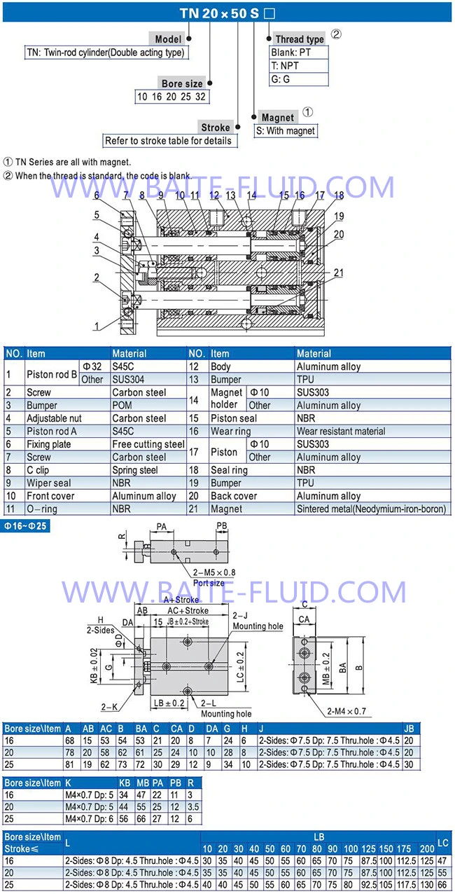 Double Shaft Rod Pneumatic Air Cylinder (tn 20X50 series)